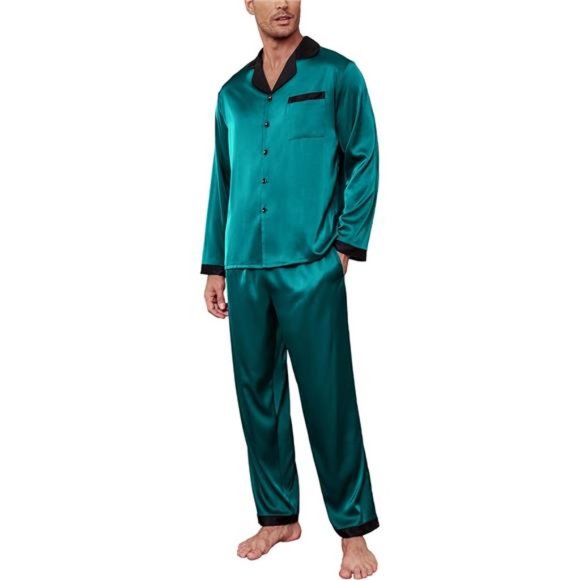 Men Satin Silk Pajamas Set with Pockets Long Sleeve-blue Green - Picture 1 of 6